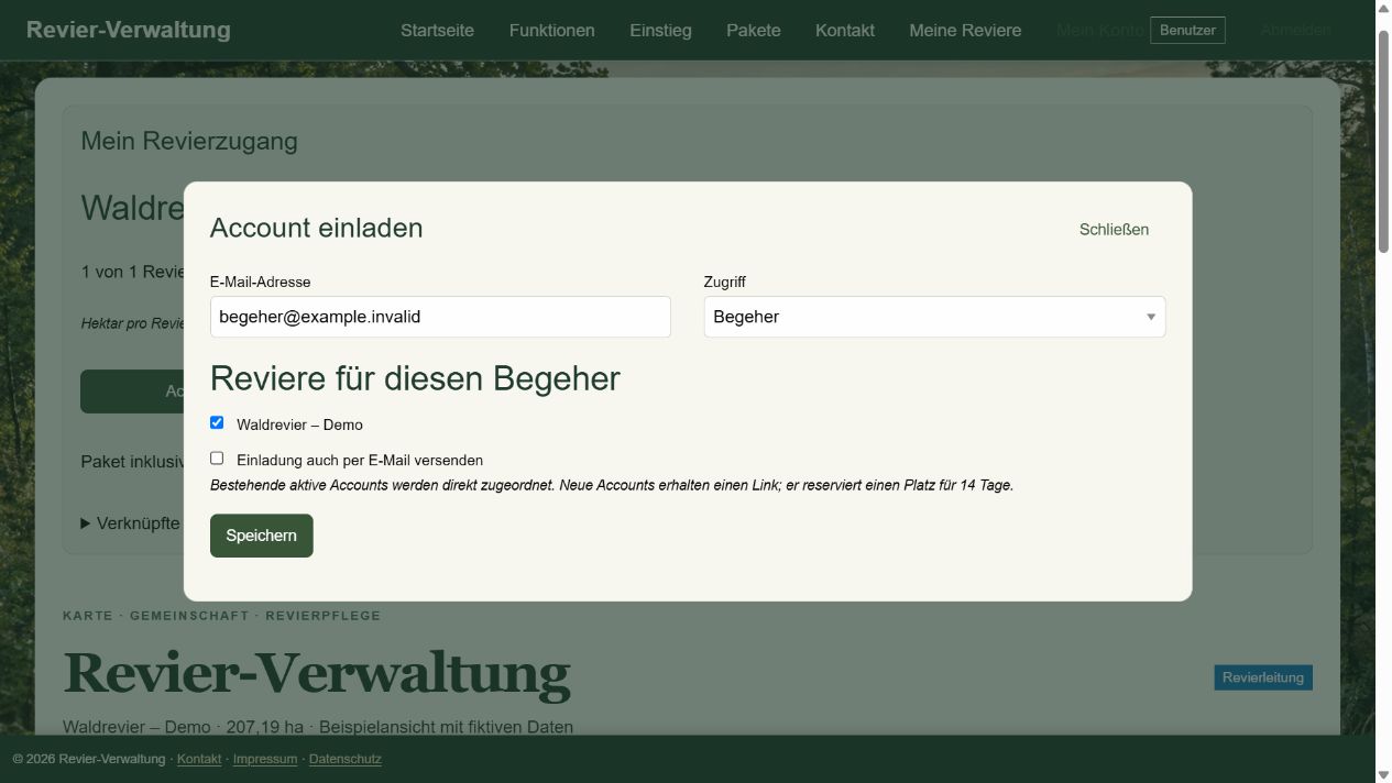 Einladungsformular mit der Auswahl eines Reviers für einen Begeher